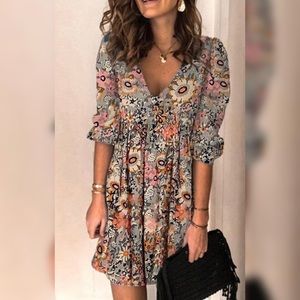 Retro Flower Garden V-Neck Mini Dress